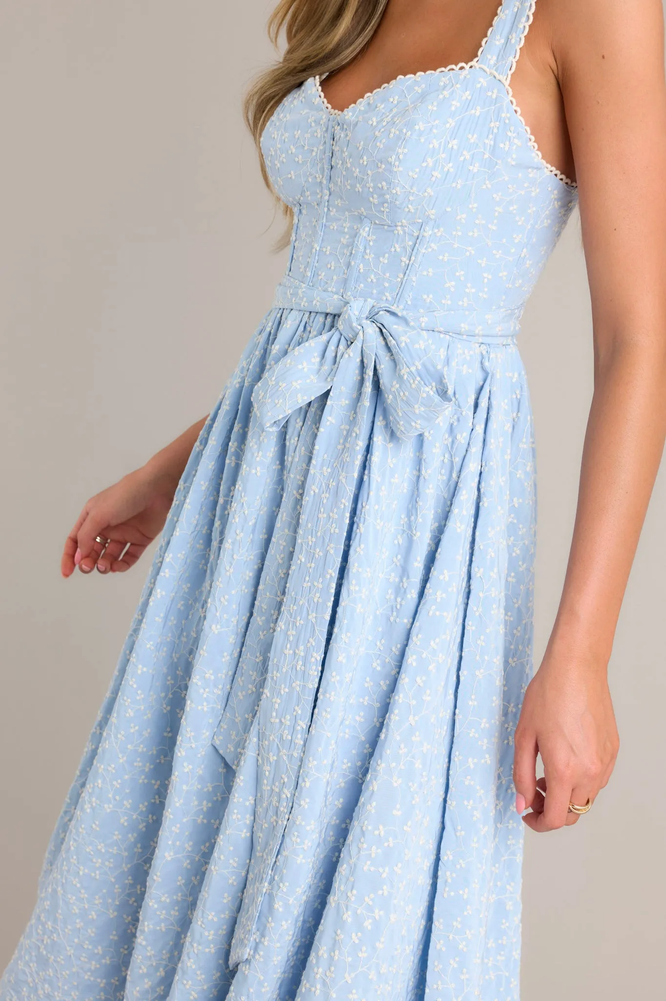 Stitched Serenity Light Blue Embroidered Midi Dress