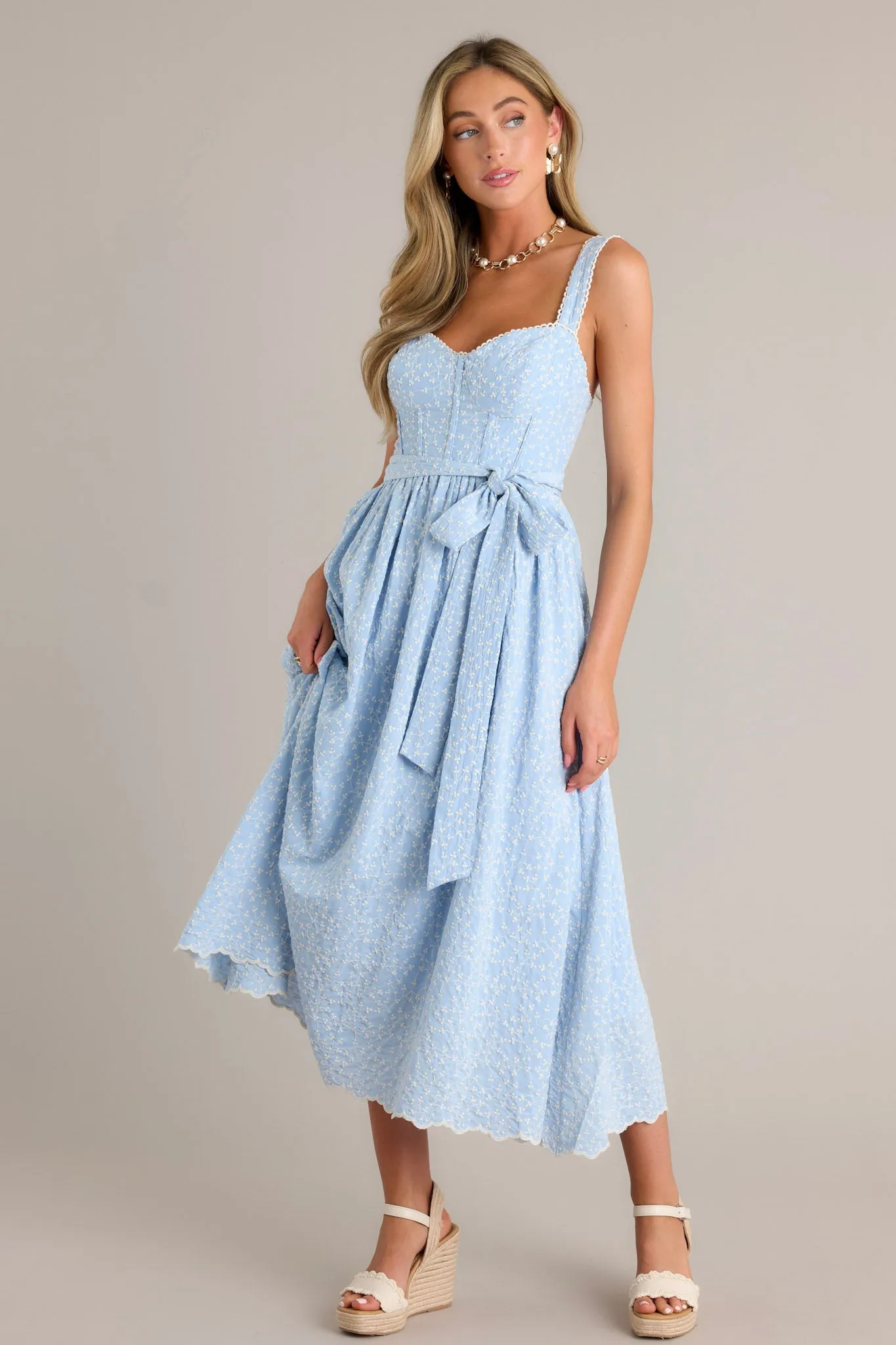 Stitched Serenity Light Blue Embroidered Midi Dress