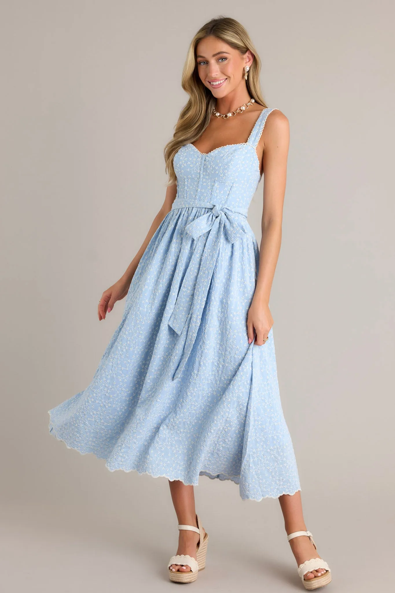 Stitched Serenity Light Blue Embroidered Midi Dress