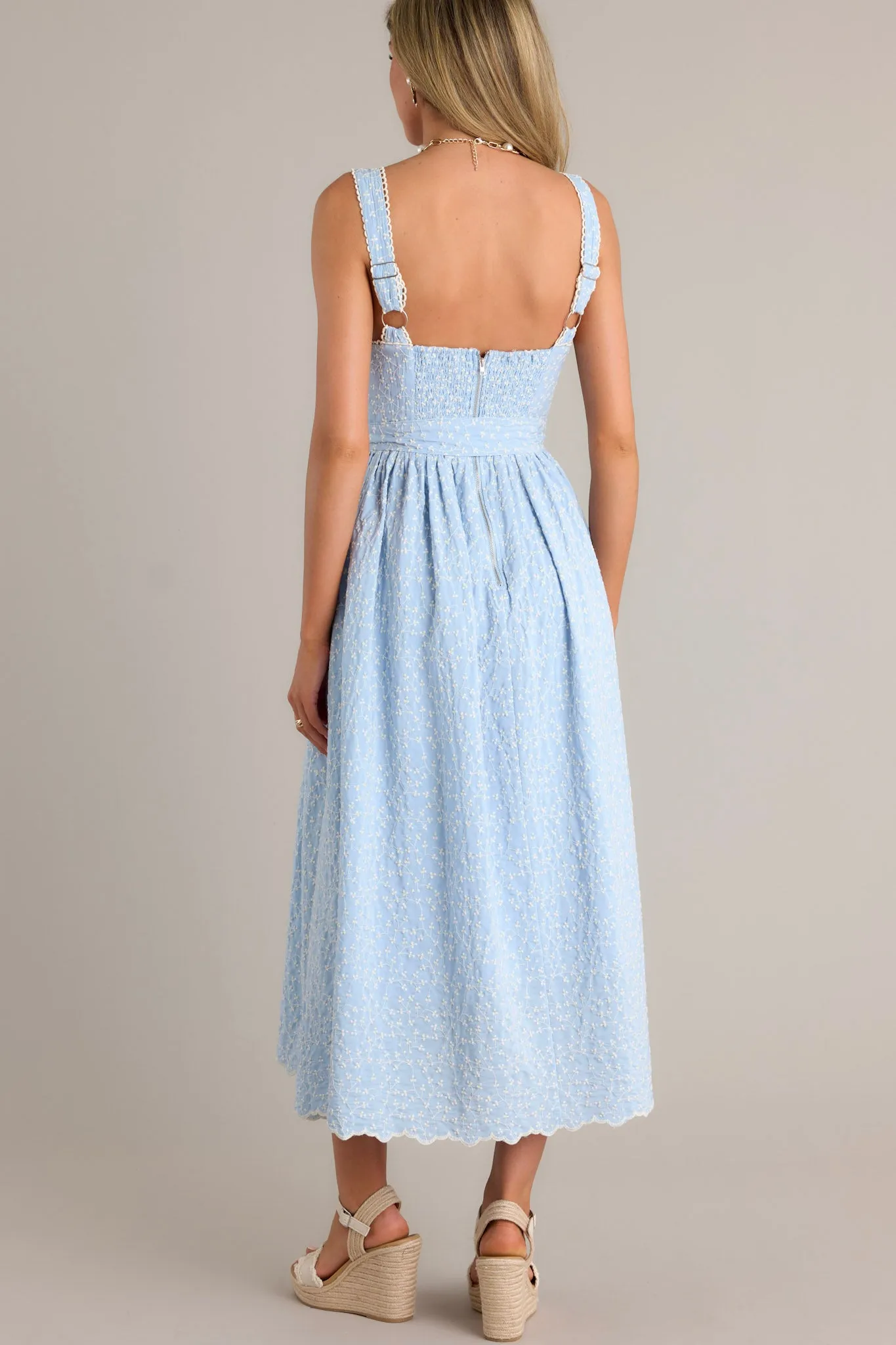 Stitched Serenity Light Blue Embroidered Midi Dress