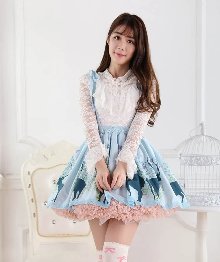 Sweet Blue Short Jumper Skirt Forest Deer Printed Pleated Skirt for Women