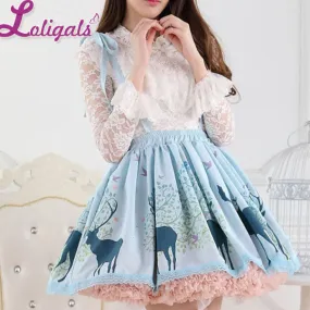 Sweet Blue Short Jumper Skirt Forest Deer Printed Pleated Skirt for Women