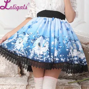 Sweet Deep Blue Star and Pegasus Printed Pleated Lolita Skirt for Lady