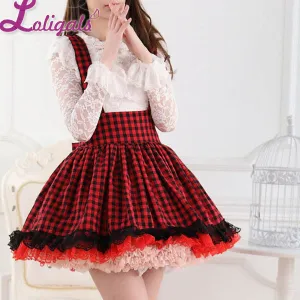 Sweet Japanese Style Super Adorable Red and Black Plaid Pleated Lace Jumper Skirt for Girl