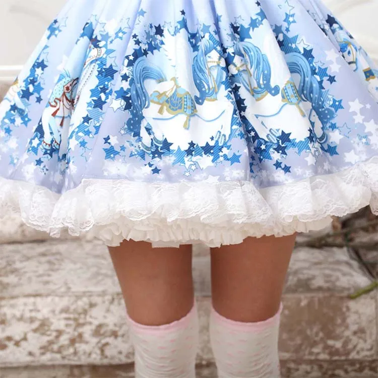 Sweet Light Sky Blue Star and Flying Horse Printed Pleated A line Lolita Skirt with Lace Trimming