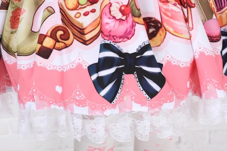 Sweet Pink Afternoon Tea Party Lovely Printed Lace Lolita Short Skirt with Bow for Girl