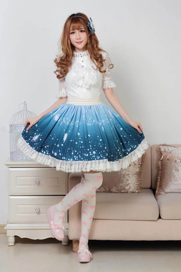 The Spirit of Night Sweet Lolita Floral and Angel Printed Pleated Lace Skirt with Ruffles