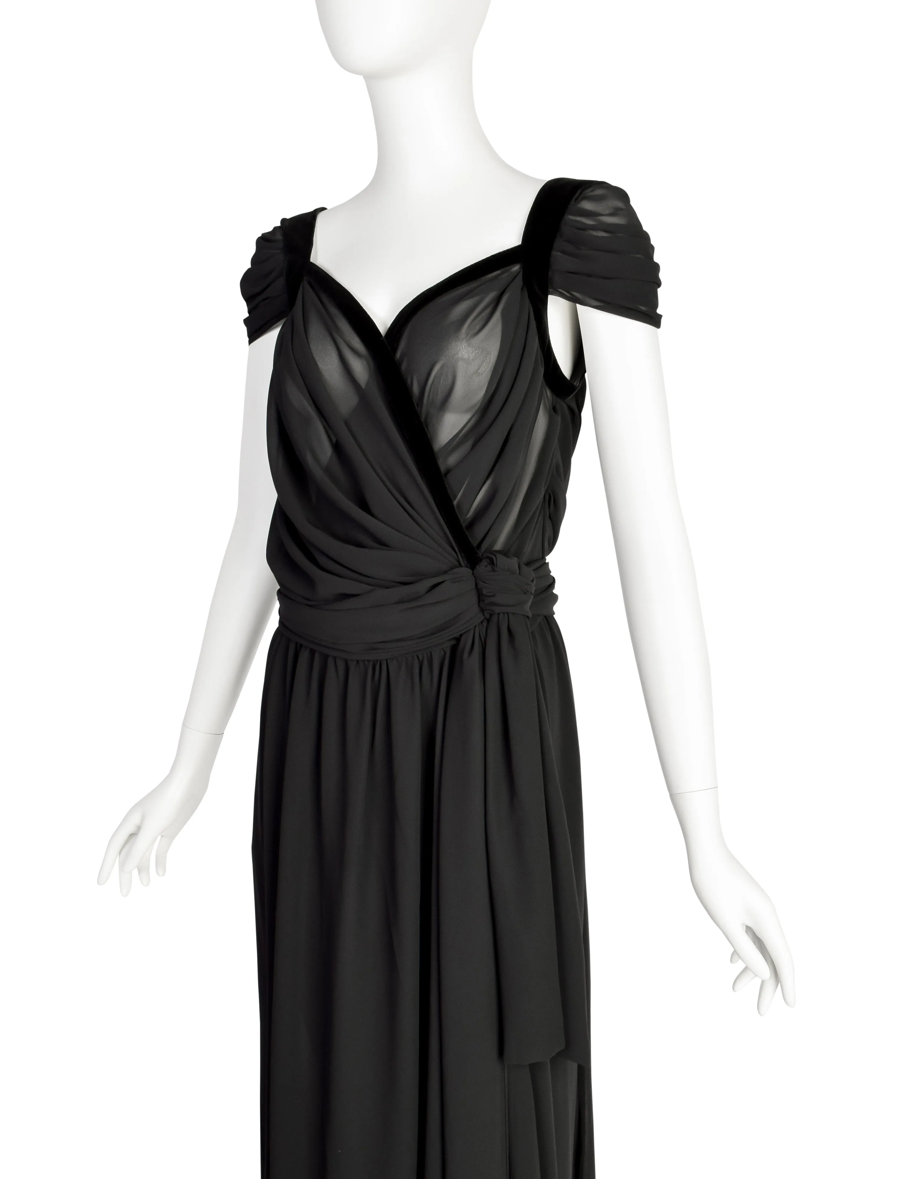 Thierry Mugler Vintage Black Sheer Georgette Velvet Draping Goddess Gown with Matching Hot Pants