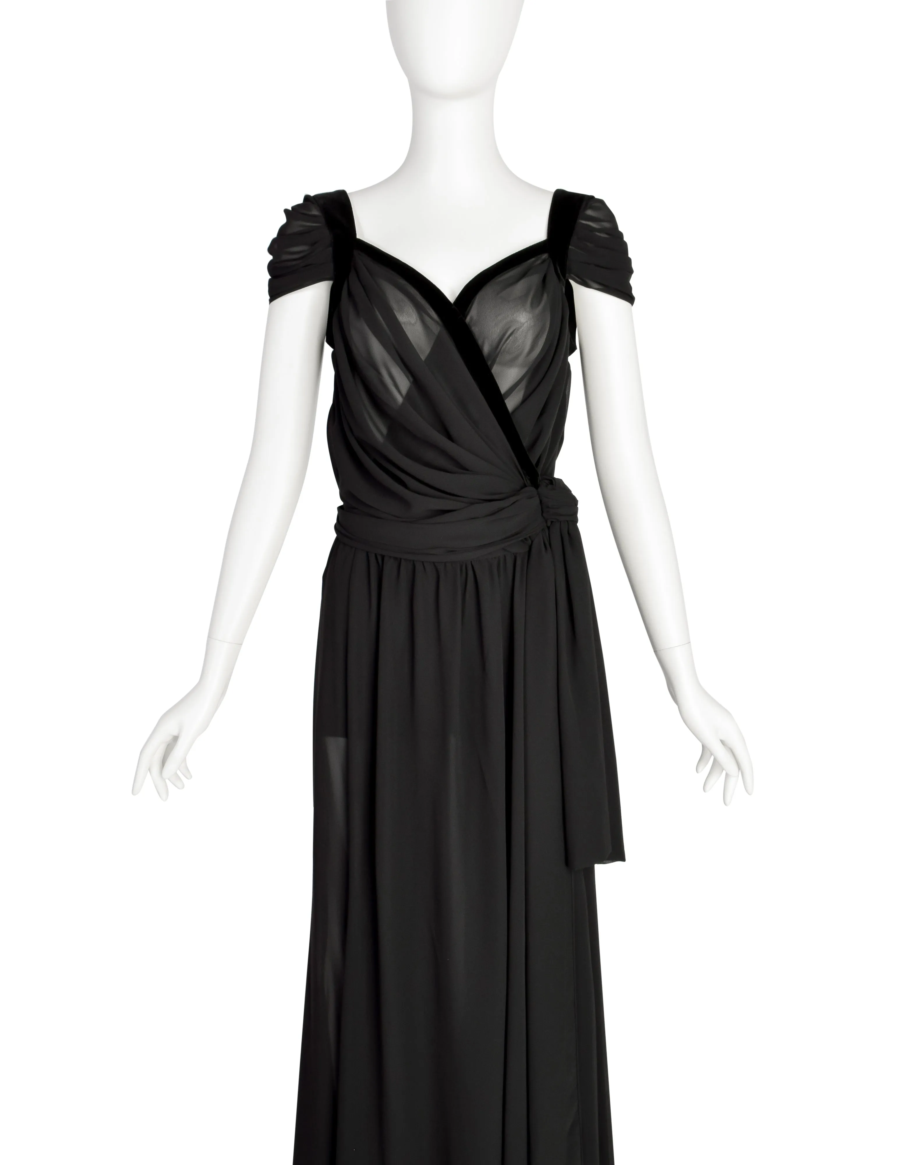 Thierry Mugler Vintage Black Sheer Georgette Velvet Draping Goddess Gown with Matching Hot Pants