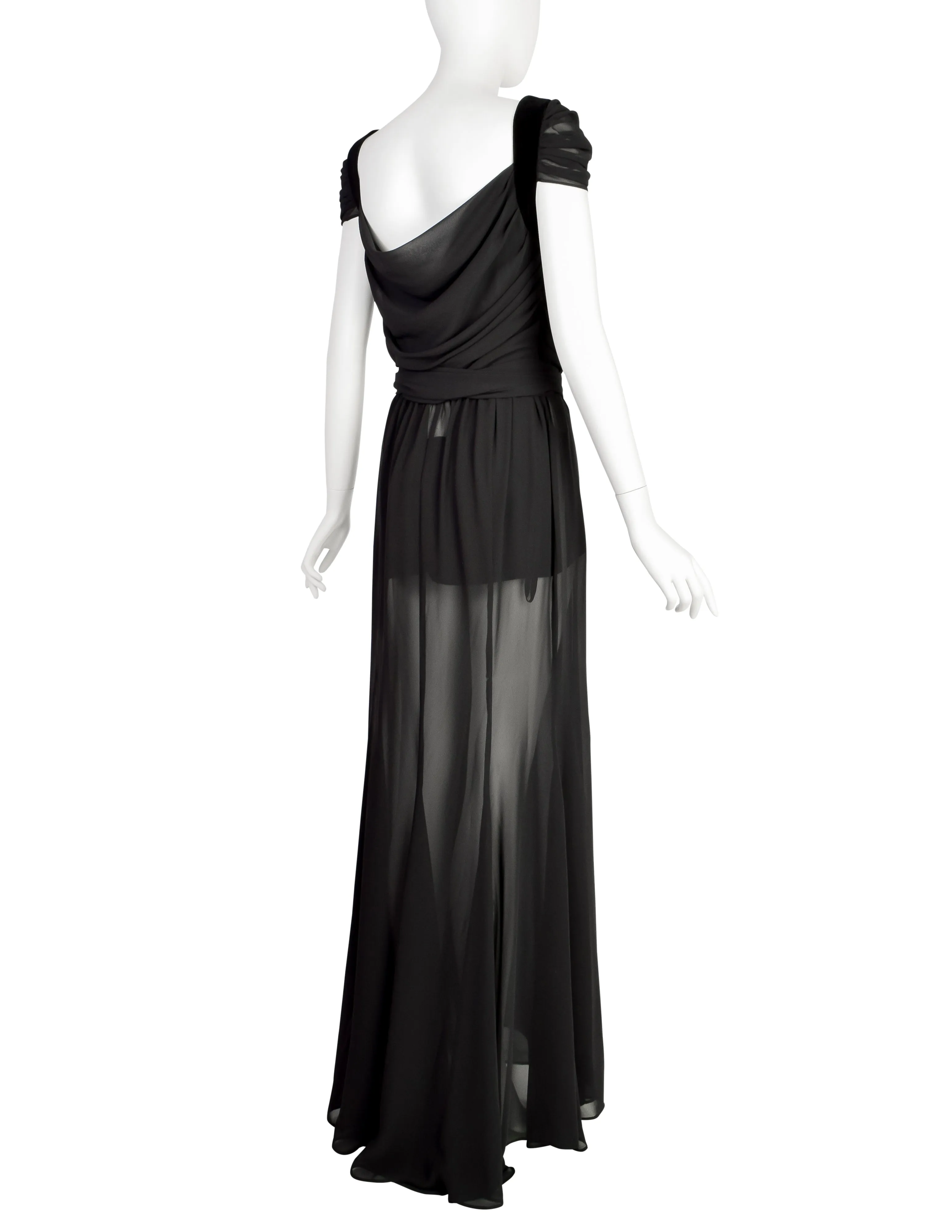 Thierry Mugler Vintage Black Sheer Georgette Velvet Draping Goddess Gown with Matching Hot Pants