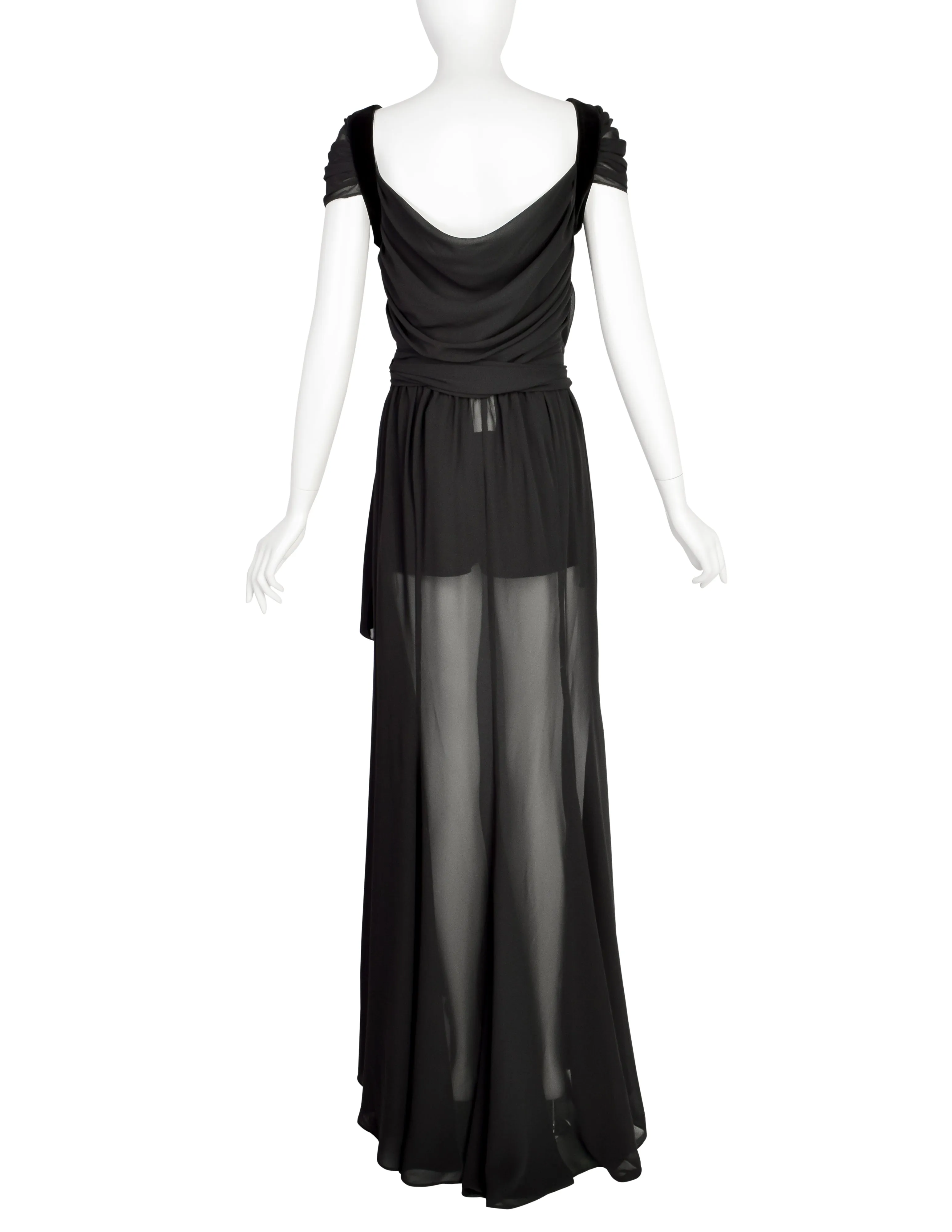 Thierry Mugler Vintage Black Sheer Georgette Velvet Draping Goddess Gown with Matching Hot Pants