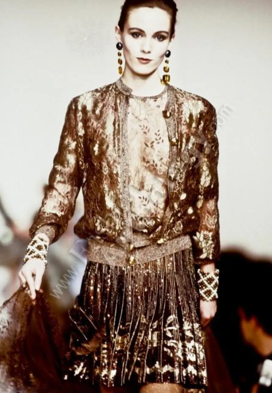 Valentino Vintage AW 1990 Brown Gold Floral Sequin Chiffon Pleated Skirt