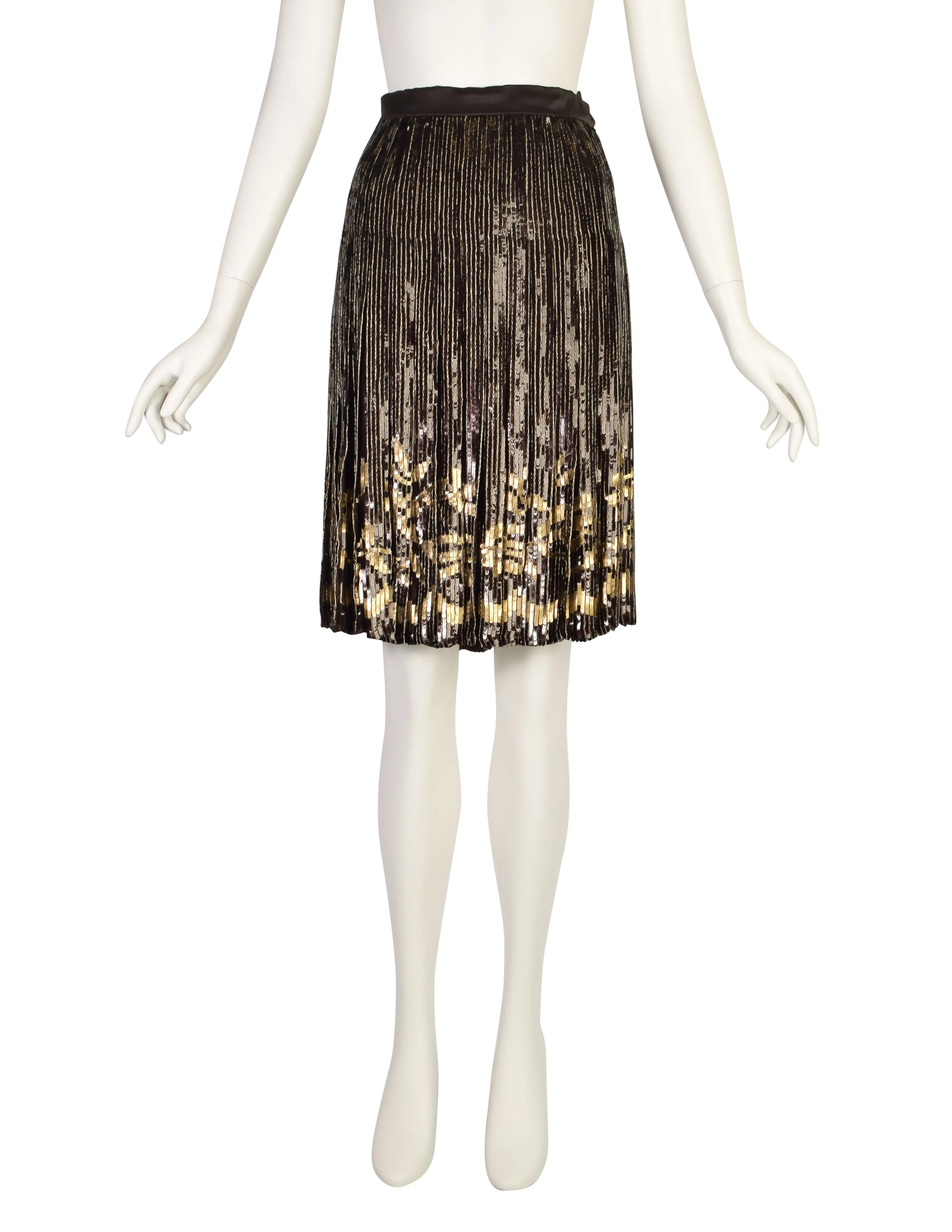 Valentino Vintage AW 1990 Brown Gold Floral Sequin Chiffon Pleated Skirt