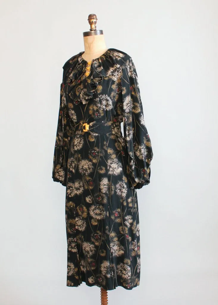 Vintage 1930s Dandelion Print Rayon Day Dress