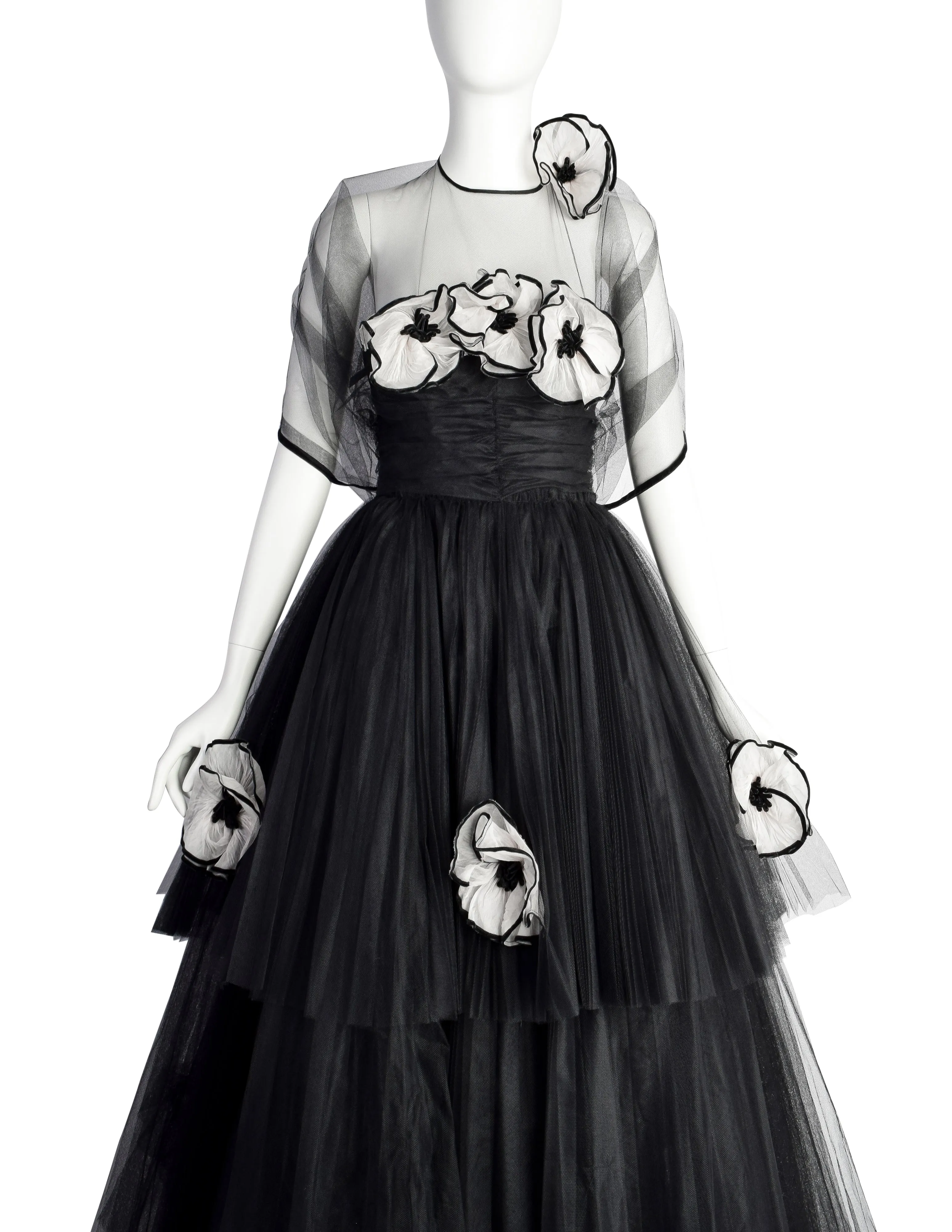 Vintage 1950s Couture Black Pleated Tulle with Flowers Strapless Gown