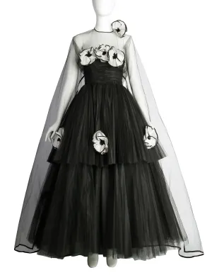 Vintage 1950s Couture Black Pleated Tulle with Flowers Strapless Gown