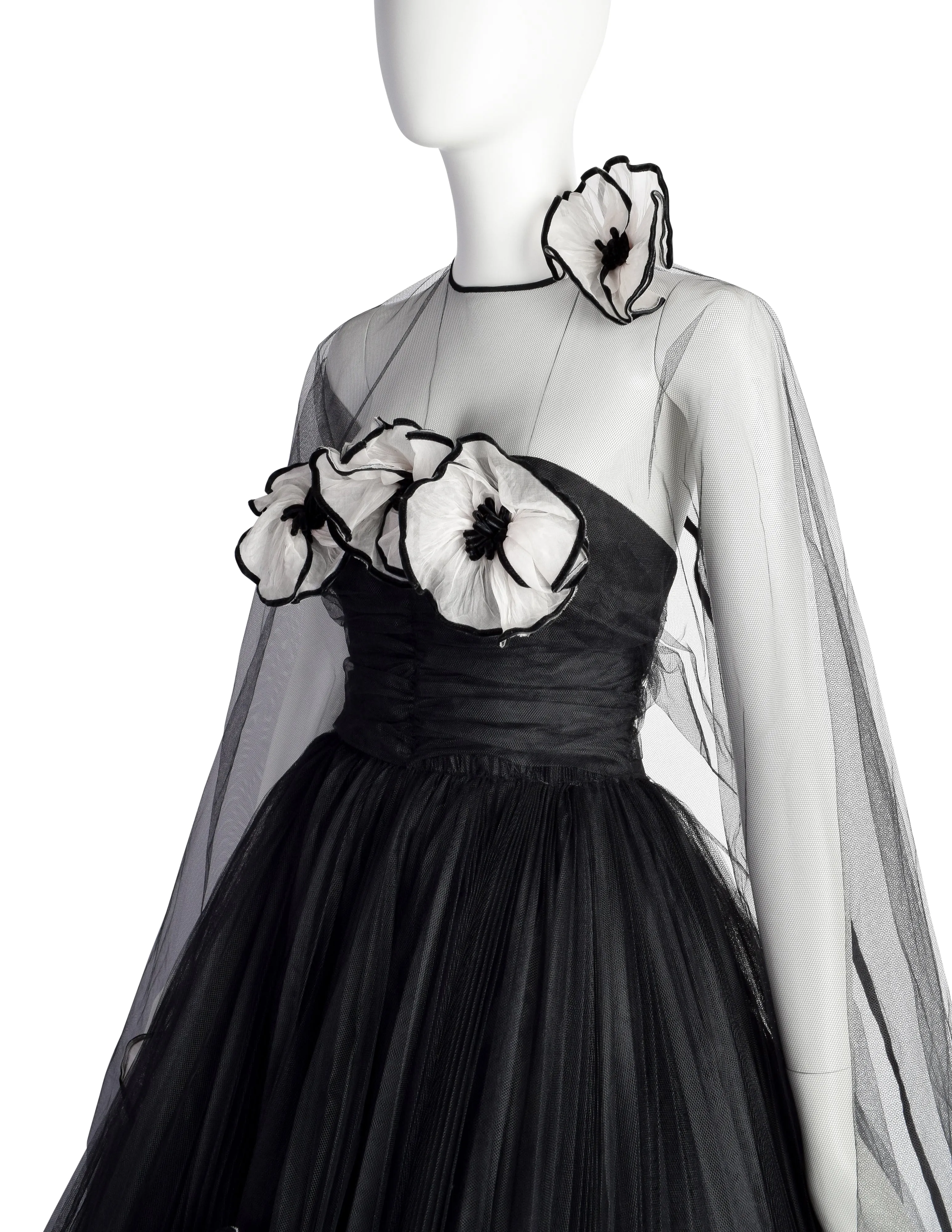 Vintage 1950s Couture Black Pleated Tulle with Flowers Strapless Gown