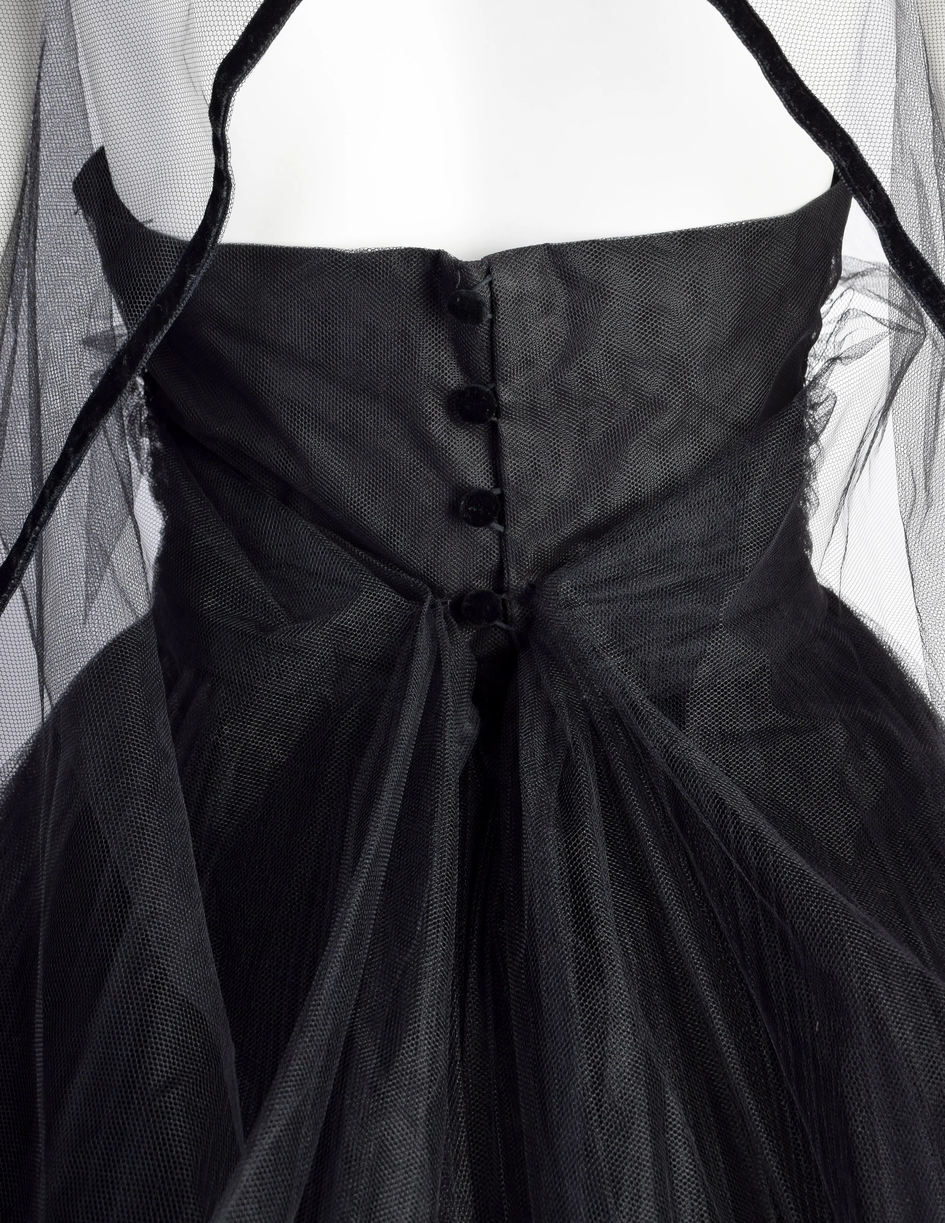 Vintage 1950s Couture Black Pleated Tulle with Flowers Strapless Gown