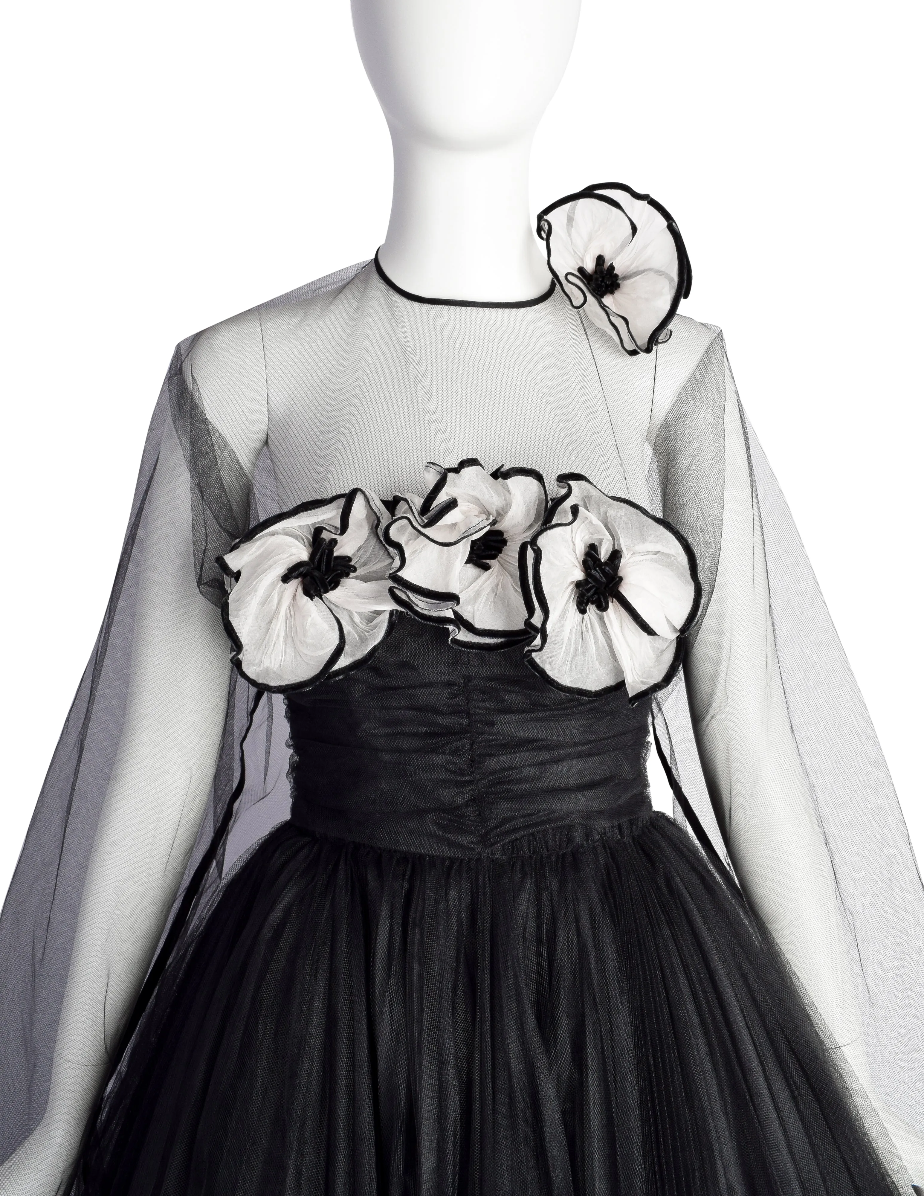 Vintage 1950s Couture Black Pleated Tulle with Flowers Strapless Gown