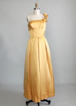 Vintage 1950s Golden Satin One Shoulder Evening Dress