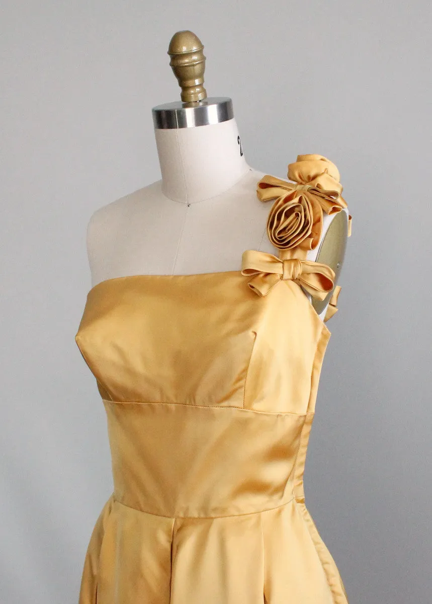 Vintage 1950s Golden Satin One Shoulder Evening Dress