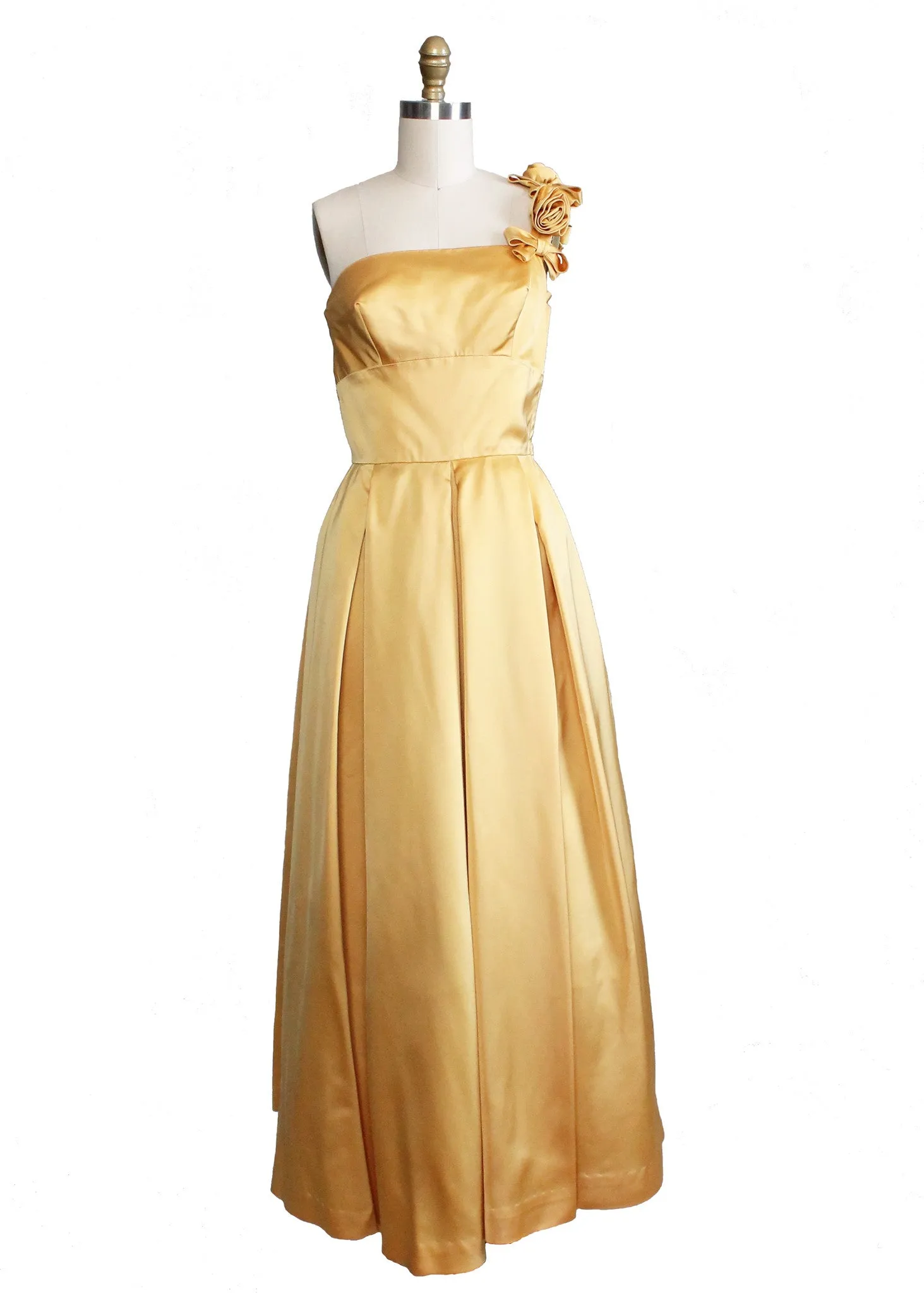 Vintage 1950s Golden Satin One Shoulder Evening Dress