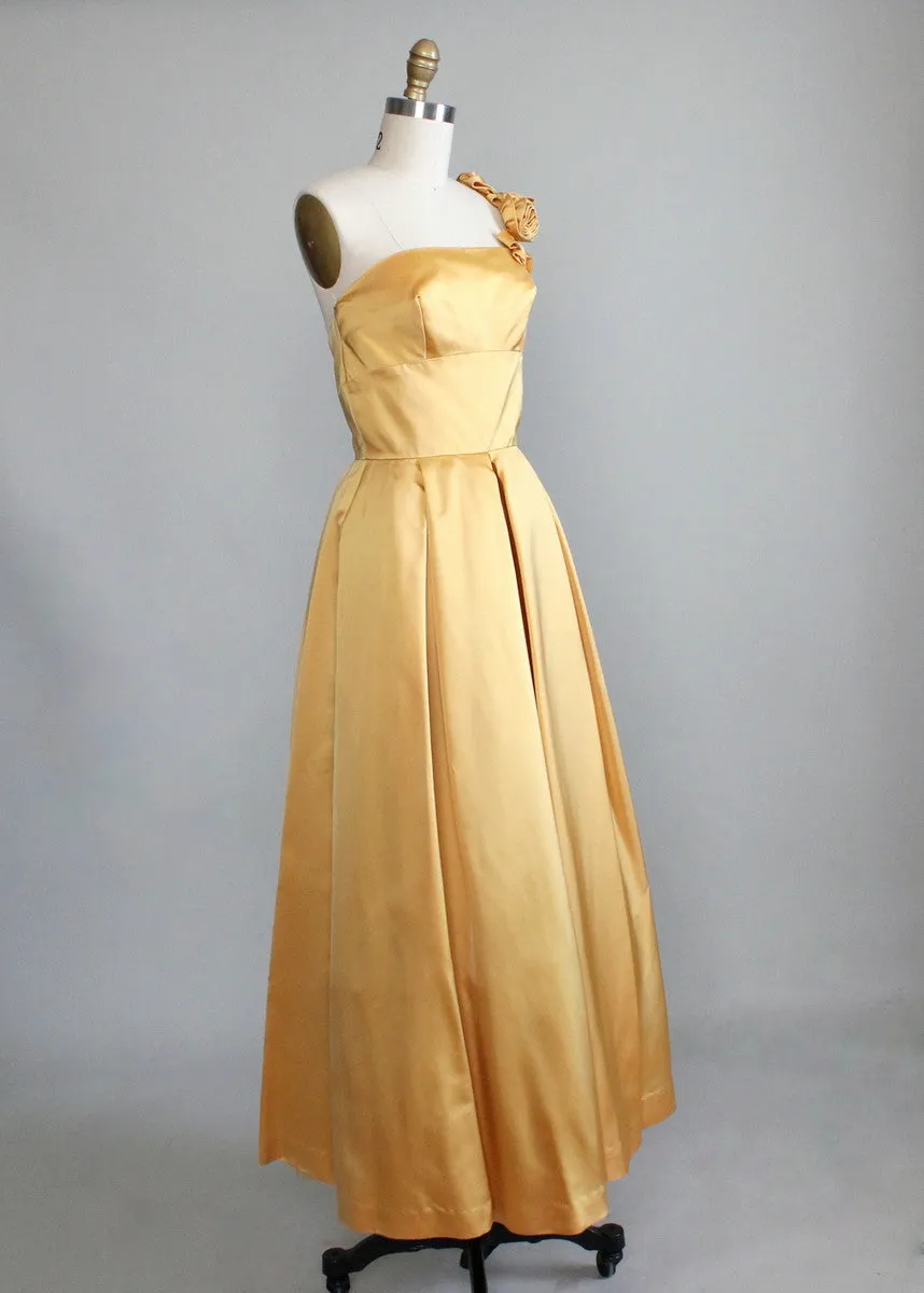 Vintage 1950s Golden Satin One Shoulder Evening Dress