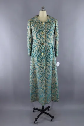 Vintage 1960s Gold & Blue Brocade Maxi Coat