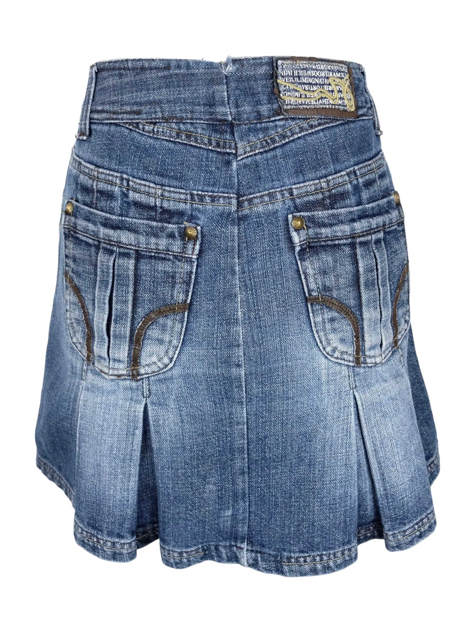 Vintage 2000s Y2K Preppy Medium Wash Blue Denim Faded Pleated Mini Jean Skirt | 29 Inch Waist