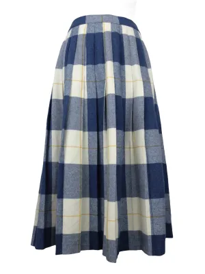 Vintage 70s Mod Wool Blend Danish Retro Blue & Cream Plaid Check Print High Waisted Pleated Midi Skirt | 29 Inch Waist