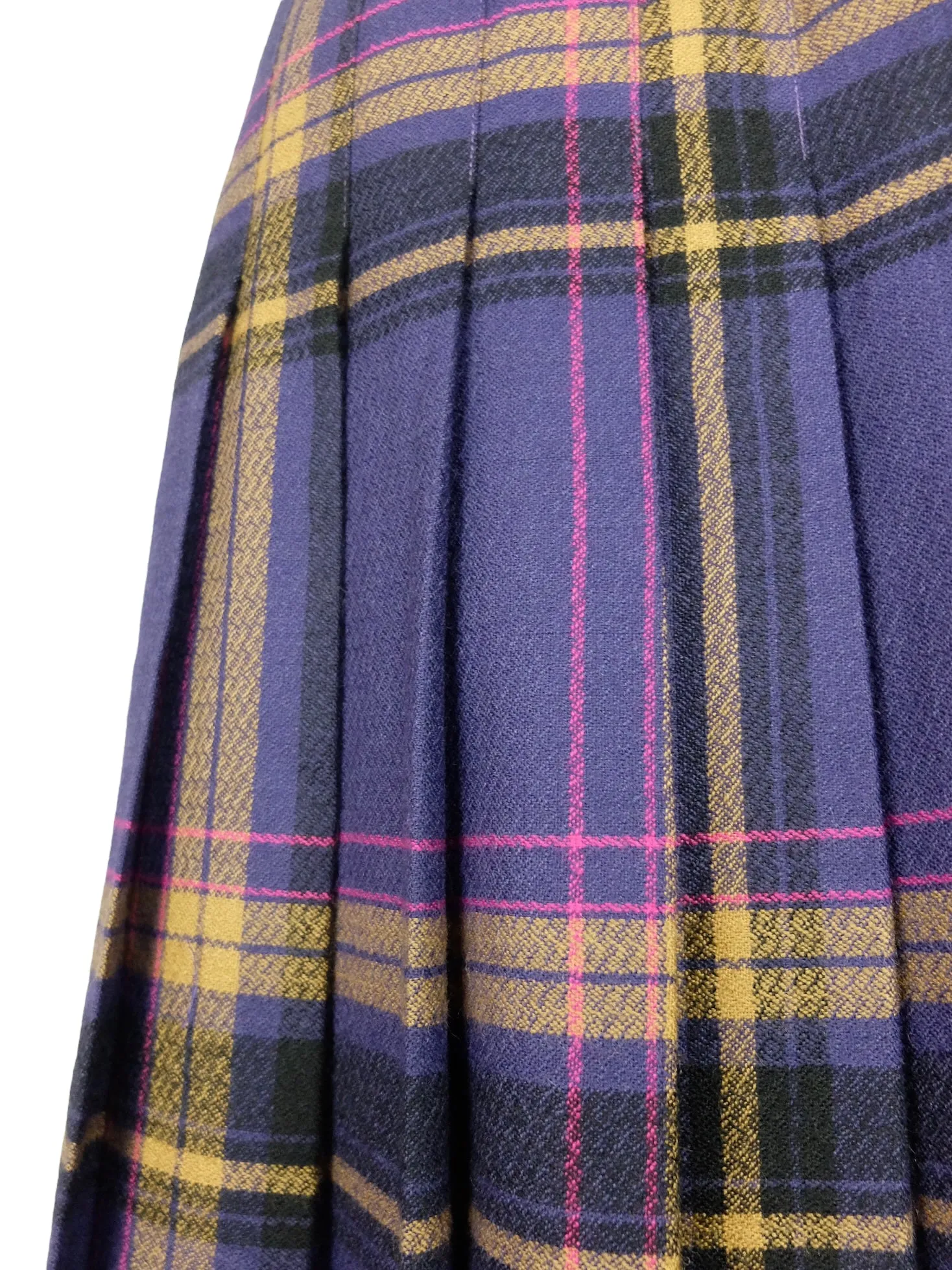 Vintage 80s Preppy Punk Wool Purple & Orange Plaid Check Print A-Line Pleated Midi Skirt | 28 Inch Waist