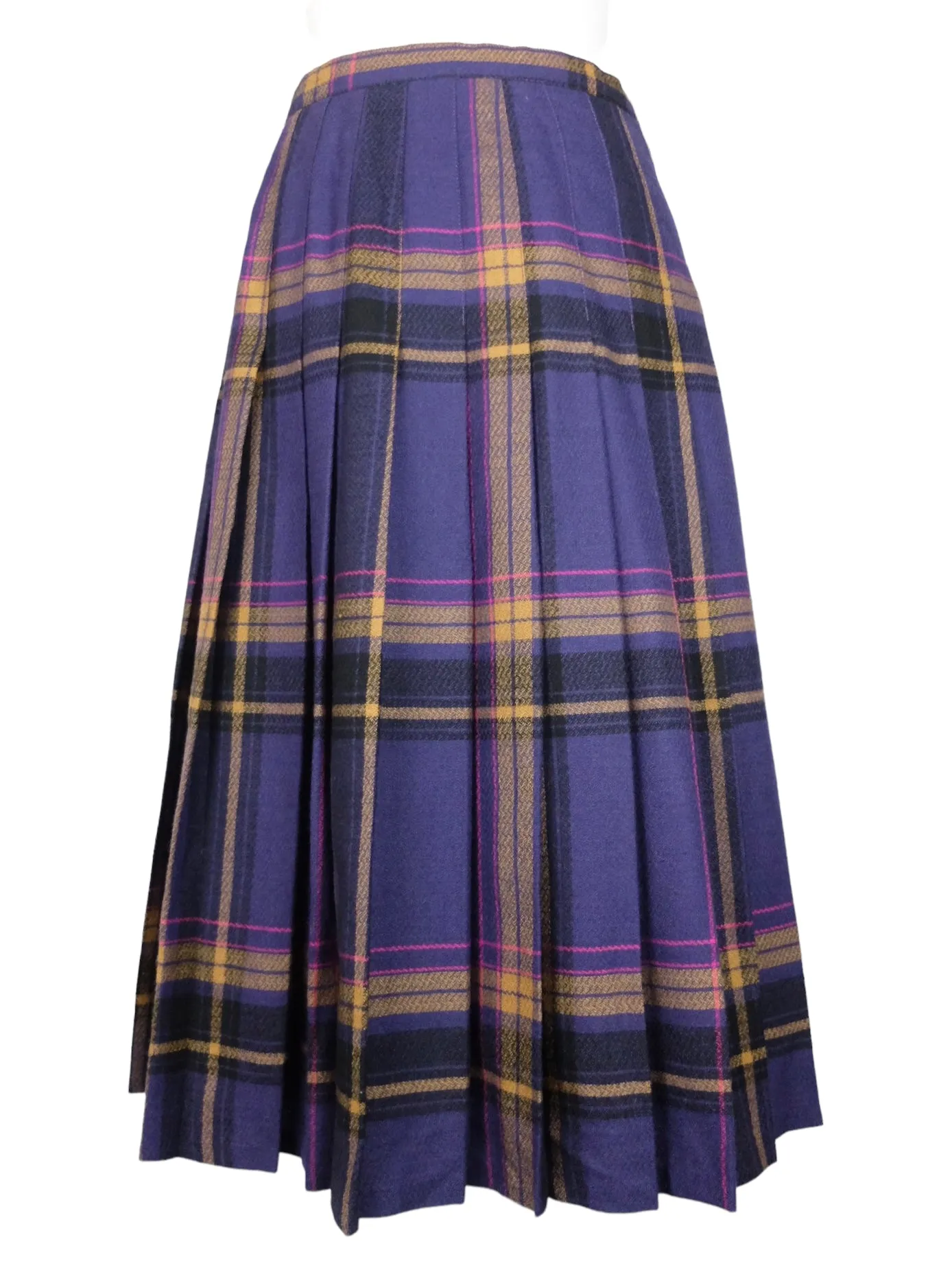 Vintage 80s Preppy Punk Wool Purple & Orange Plaid Check Print A-Line Pleated Midi Skirt | 28 Inch Waist