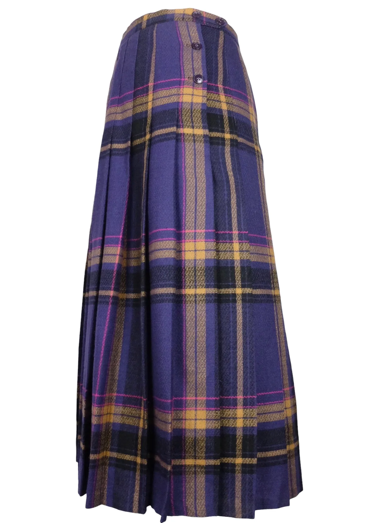 Vintage 80s Preppy Punk Wool Purple & Orange Plaid Check Print A-Line Pleated Midi Skirt | 28 Inch Waist