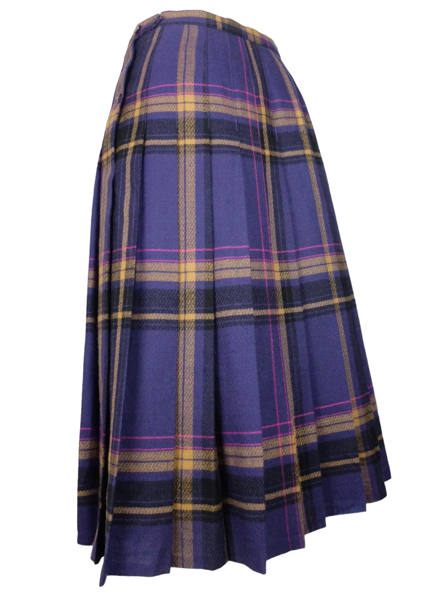 Vintage 80s Preppy Punk Wool Purple & Orange Plaid Check Print A-Line Pleated Midi Skirt | 28 Inch Waist