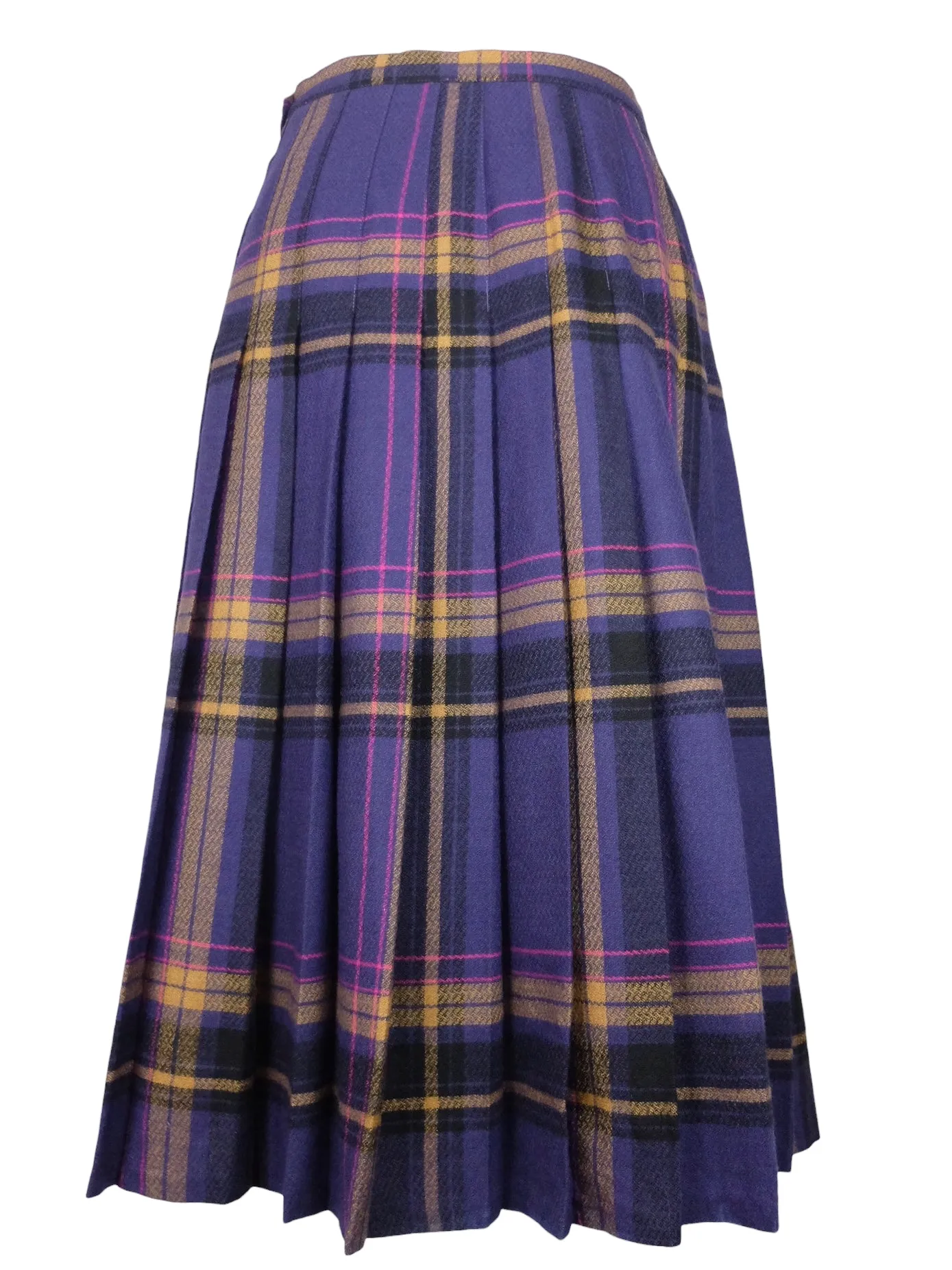 Vintage 80s Preppy Punk Wool Purple & Orange Plaid Check Print A-Line Pleated Midi Skirt | 28 Inch Waist