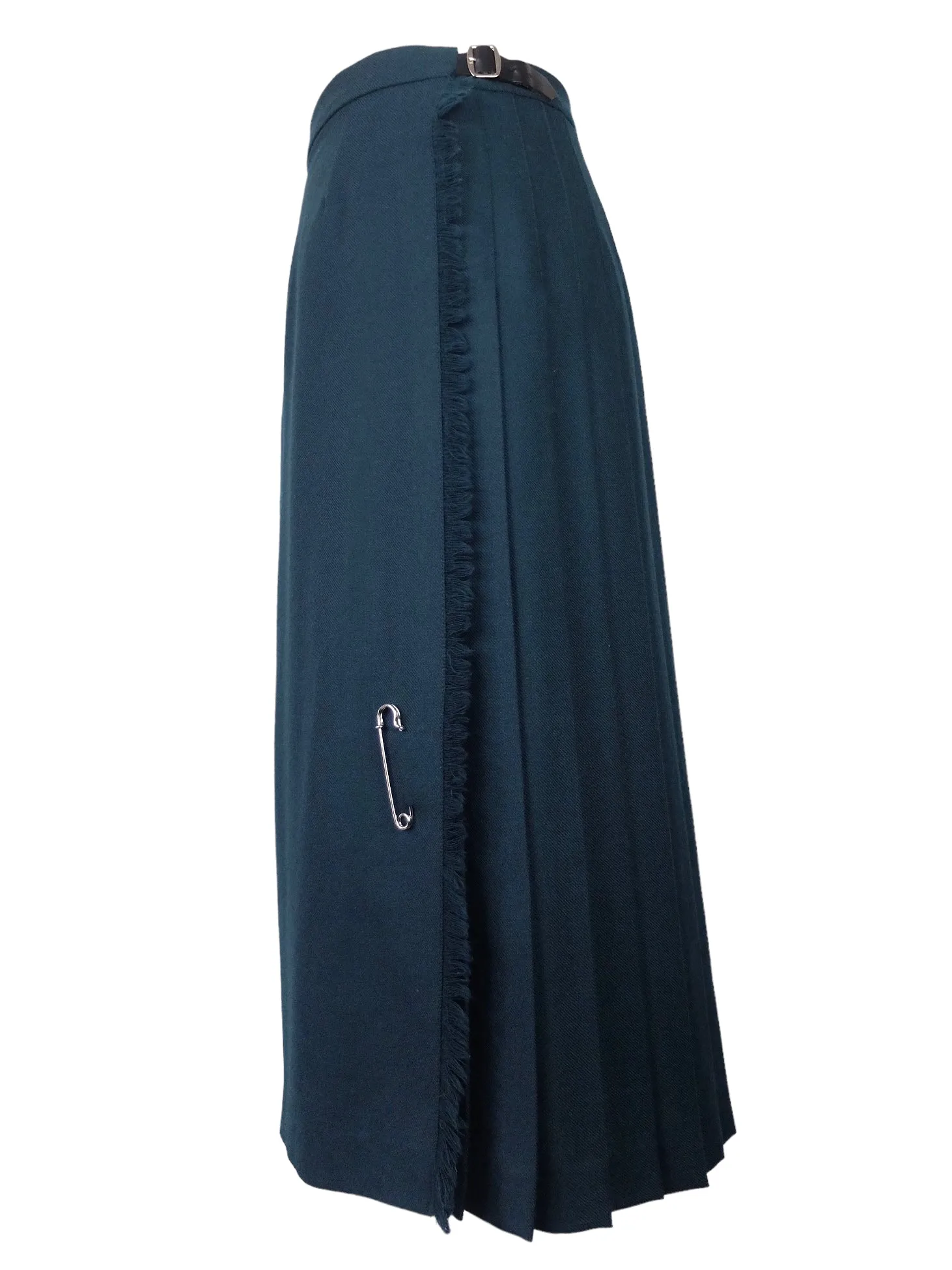 Vintage 80s Wool Punk High Waisted Teal Green Pleated Maxi Wrap Skirt with Safety Pin & Buckle Detail | 27 Inch Waist