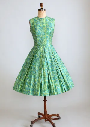 Vintage Early 1960s Teal and Yellow Paisley Day Dress