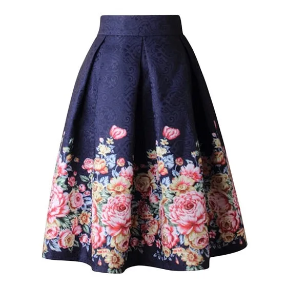 Vintage Retro Floral Print Skirts Womens High Waist Rockabilly Pleated Skirt Audrey Hepburn Saias Midi Skater Swing Ball Gown