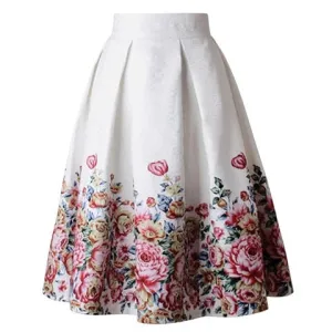 Vintage Retro Floral Print Skirts Womens High Waist Rockabilly Pleated Skirt Audrey Hepburn Saias Midi Skater Swing Ball Gown