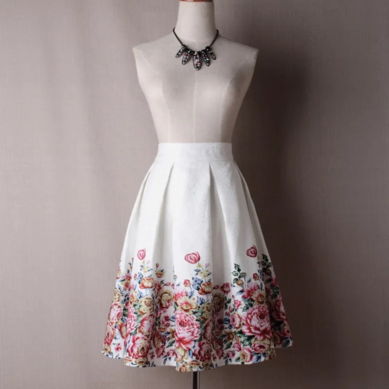 Vintage Retro Floral Print Skirts Womens High Waist Rockabilly Pleated Skirt Audrey Hepburn Saias Midi Skater Swing Ball Gown