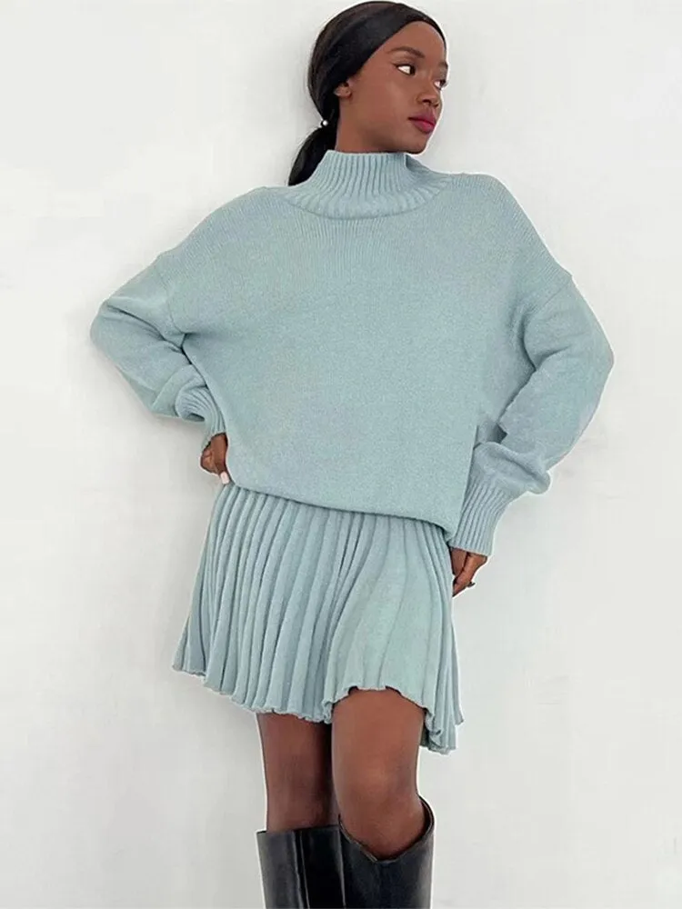 Wenkouban Autumn Knitted Skirts Sets Women Mini Pleated Skirt Long Sleeve Slim Crop Pullover Lady 2 Pieces Set 2022 Casual Female Suits