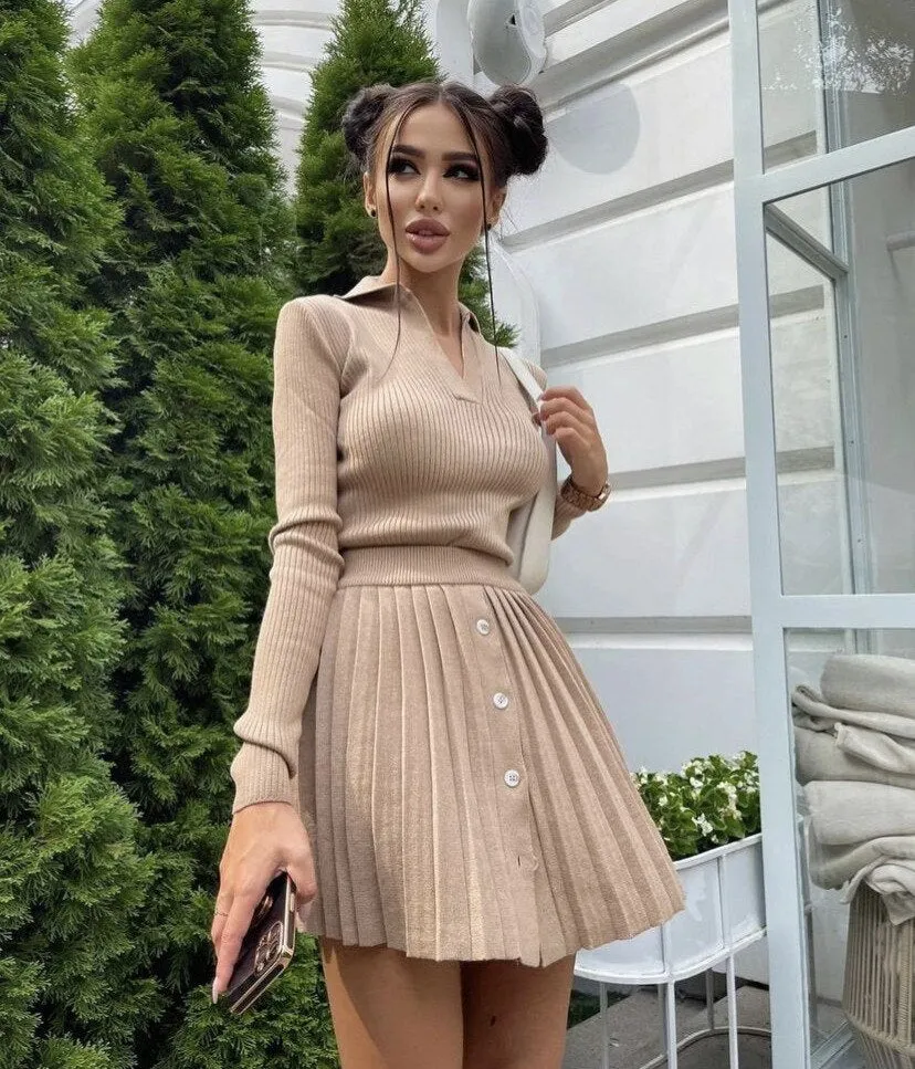 Wenkouban Autumn Knitted Skirts Sets Women Mini Pleated Skirt Long Sleeve Slim Crop Pullover Lady 2 Pieces Set 2022 Casual Female Suits