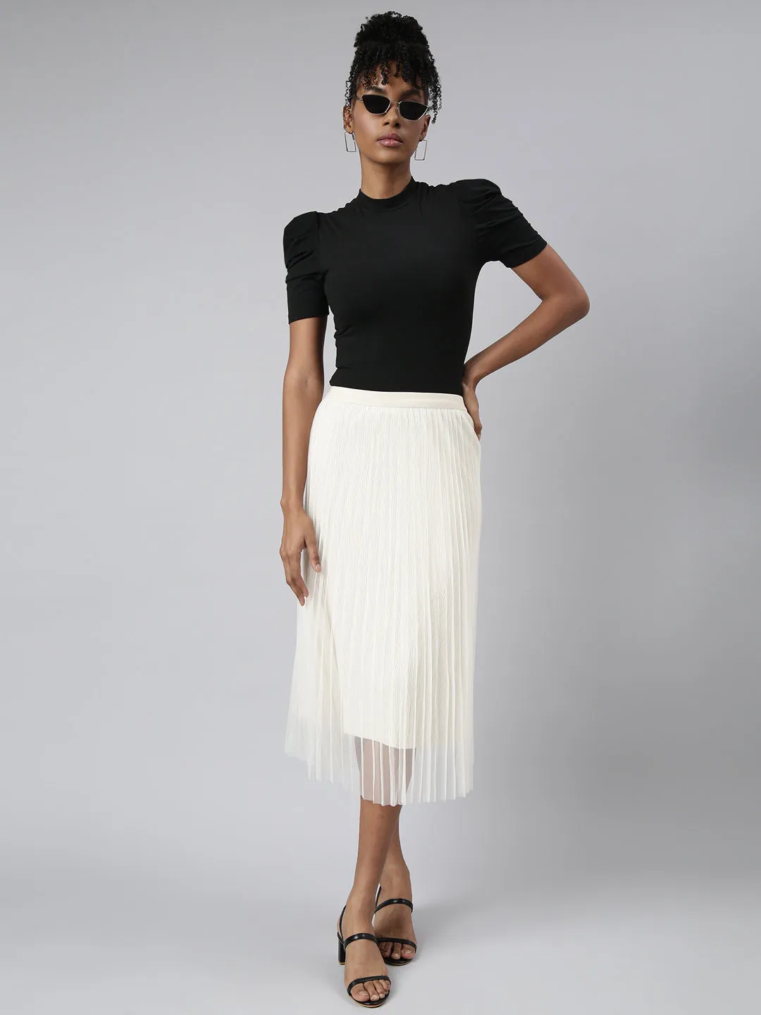 Women Tiered Midi Cream Solid Skirt